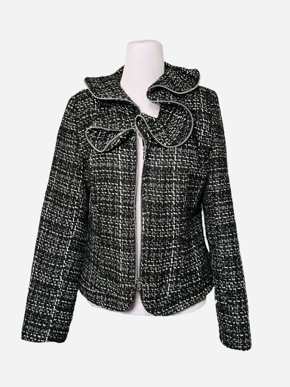 Trenz Theresa Renz Jacket Blazer Size M Black White Tweed Ruffle Zipper Trim